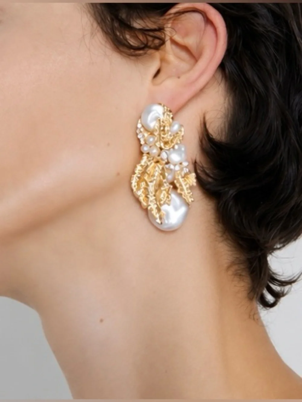 Gold Pearl Leaf Statement Earrings | Vintage Botanical Crystal Drop Earrings
